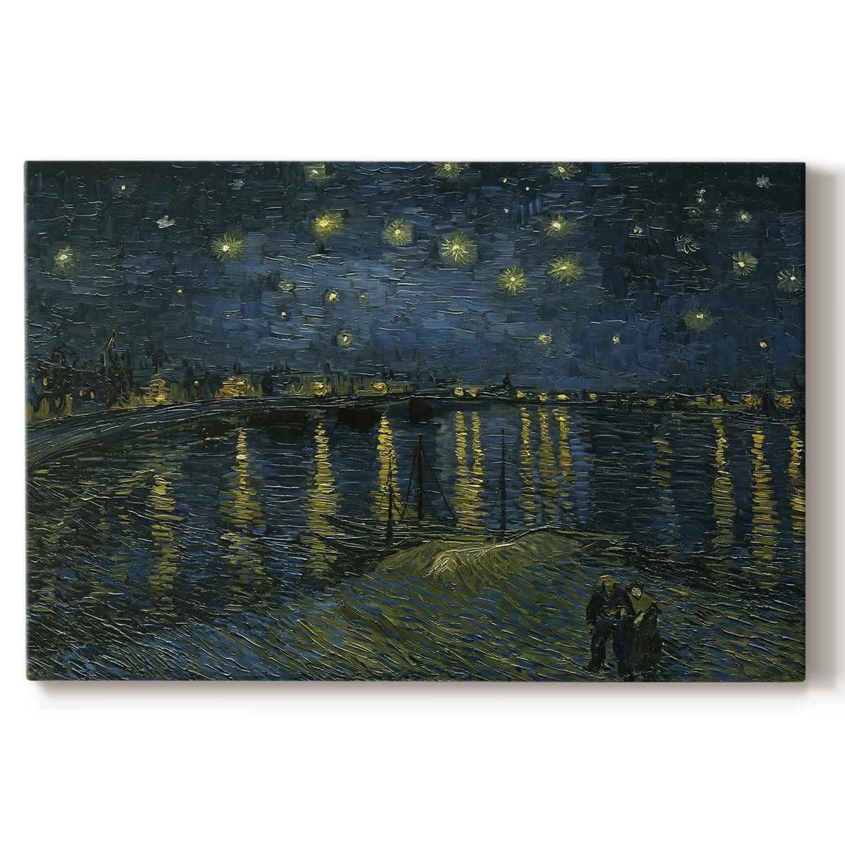 Canvas art print portraying a night river scene with reflections of lights and stars across water, set against a white background