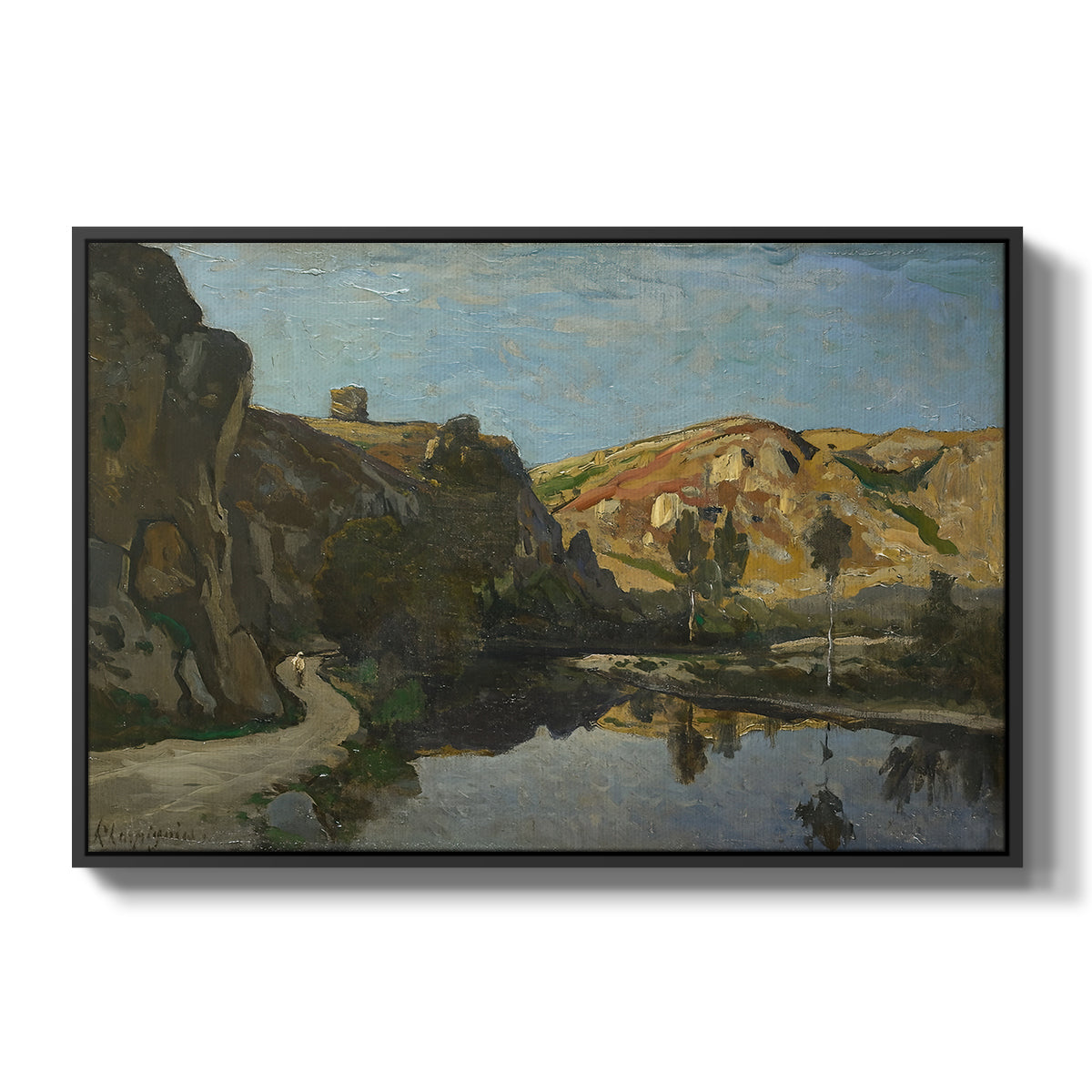 River Landscape with Cliffs, c. 1850-1860 - Floater Framed Canvas Print