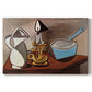 Canvas art print portraying a still life with jug candle and pan in angular composition, set against a white background