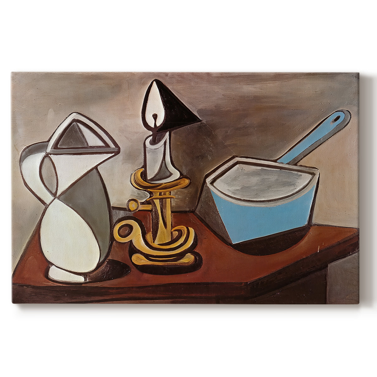 Canvas art print portraying a still life with jug candle and pan in angular composition, set against a white background