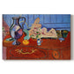Canvas art print portraying a still life with pewter jug and pink statuette on a patterned table, set against a white background