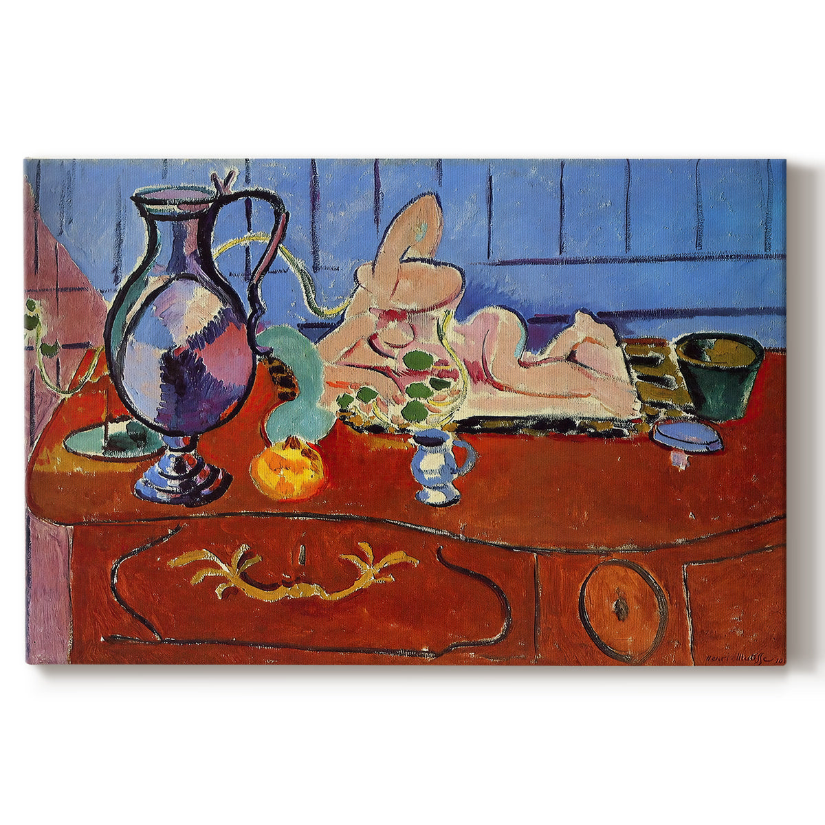 Canvas art print portraying a still life with pewter jug and pink statuette on a patterned table, set against a white background