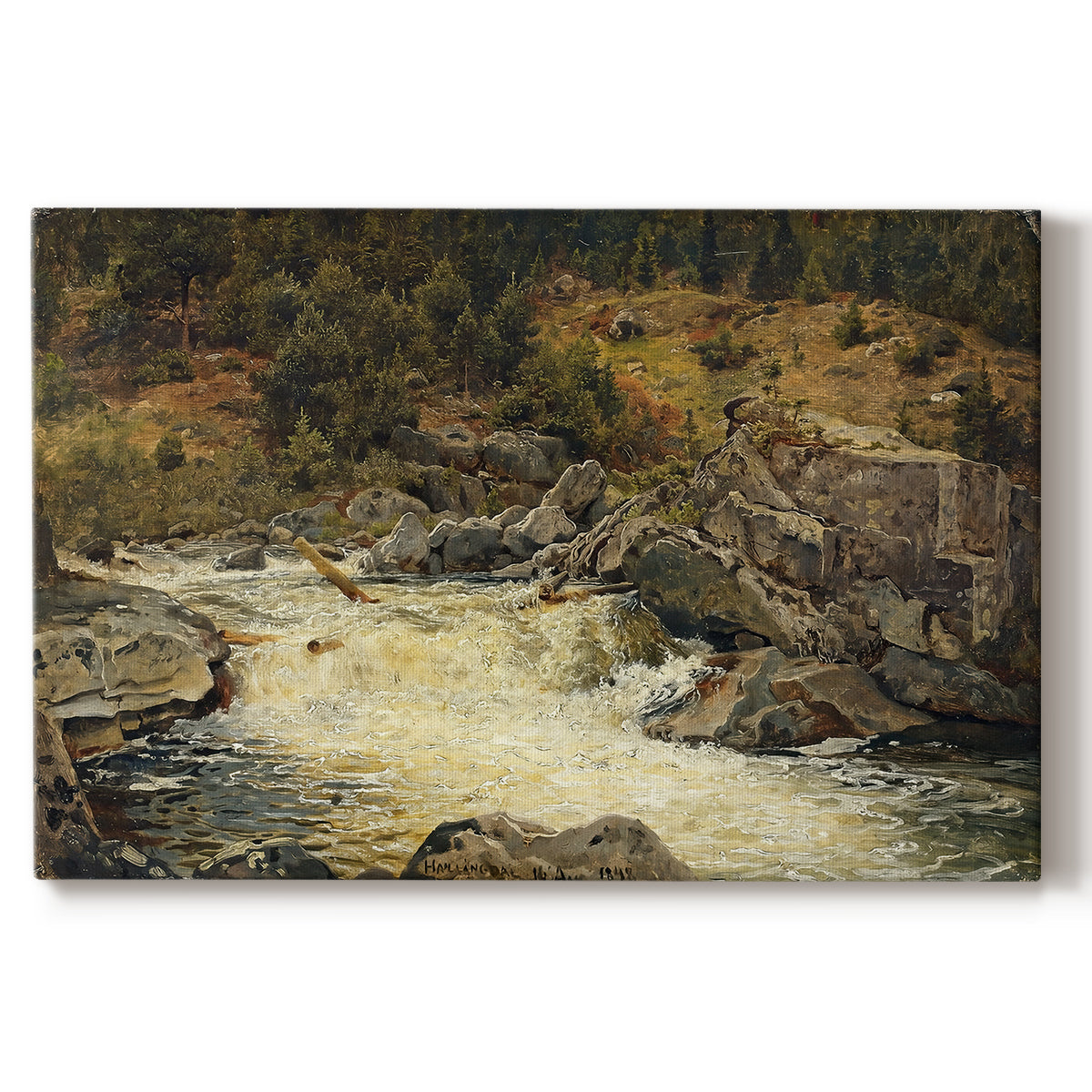 Canvas art print portraying a waterfall cascading down rocky slope surrounded by forest, set against a white background