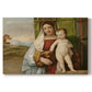 Canvas art print portraying Madonna seated outdoors holding child beside dark tree and open sky, set against a white background
