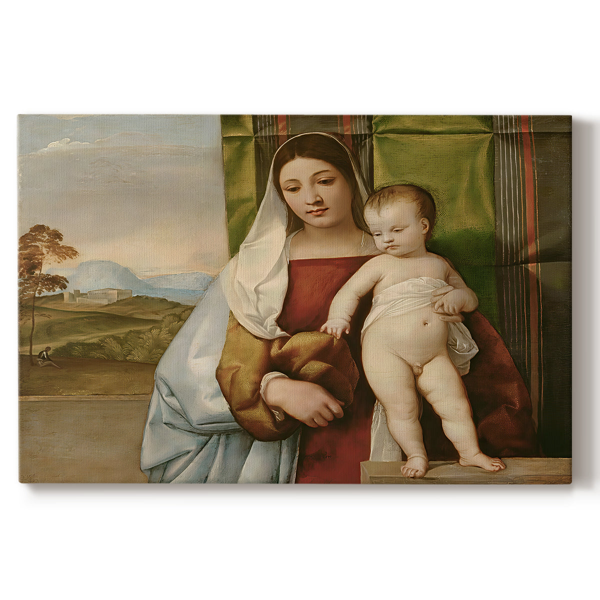 Canvas art print portraying Madonna seated outdoors holding child beside dark tree and open sky, set against a white background