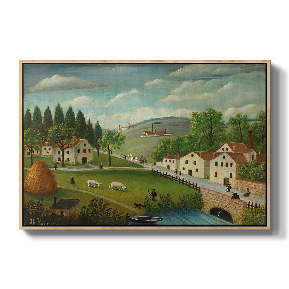 Pastoral Landscape with Stream, Fisherman and Strollers, 1875-1880 - Floater Framed Canvas Print