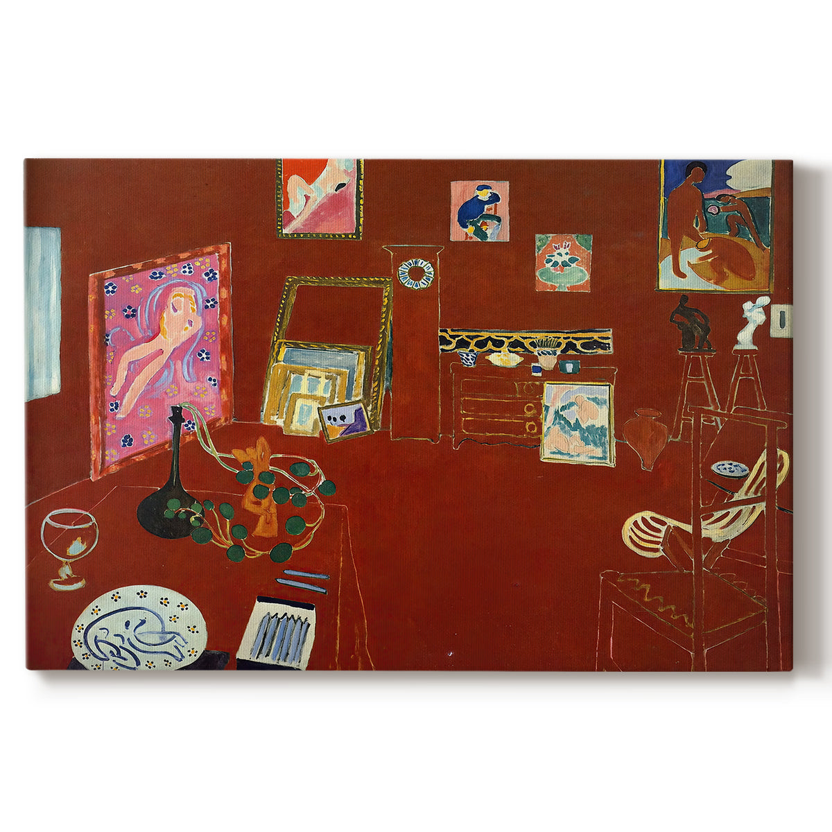 Canvas art print portraying a red studio interior with furniture and artworks, set against a white background