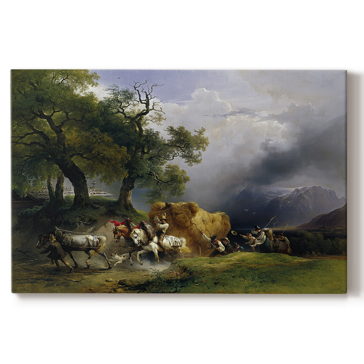 Canvas art print portraying a wagon loaded with hay moving through countryside, set against a white background
