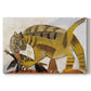 Canvas art print portraying a stylized cat holding bird in mouth with angular forms, set against a white background