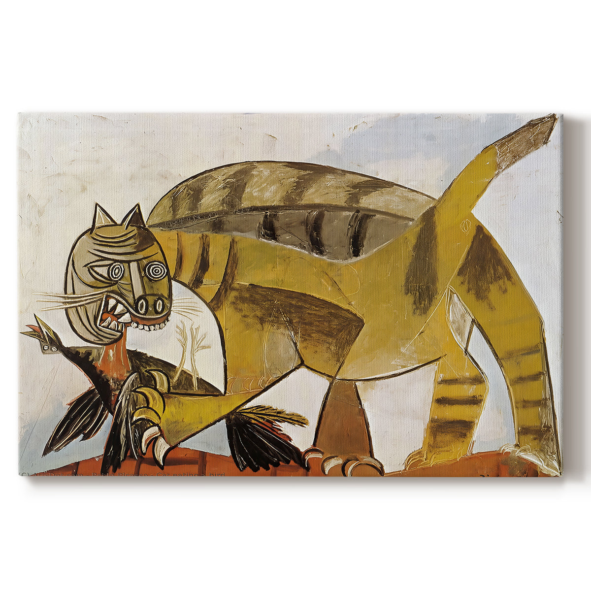 Canvas art print portraying a stylized cat holding bird in mouth with angular forms, set against a white background