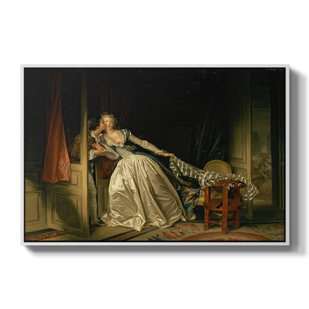 The Stolen Kiss (Le Baiser à la dérobée), c. 1788 - Floater Framed Canvas Print