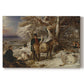 Canvas art print portraying a group of hunters and dogs gathered after hunt in countryside, set against a white background