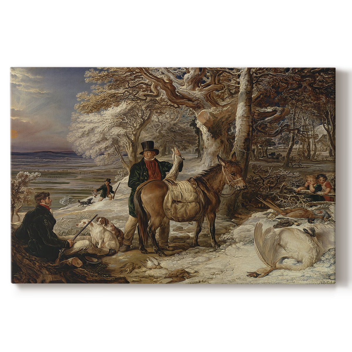 Canvas art print portraying a group of hunters and dogs gathered after hunt in countryside, set against a white background