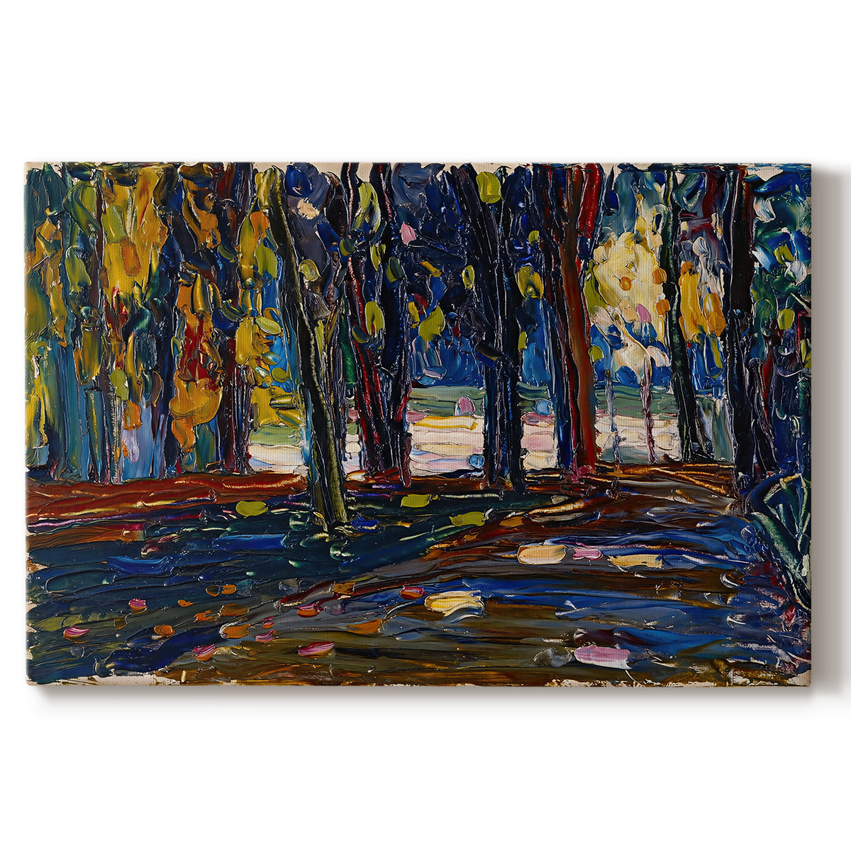 Canvas art print portraying an abstracted landscape with trees and foliage in warm autumn tones, set against a white background