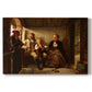 Canvas art print portraying a group of rural villagers gathered inside a dimly lit wooden interior in conversation, set against a white background