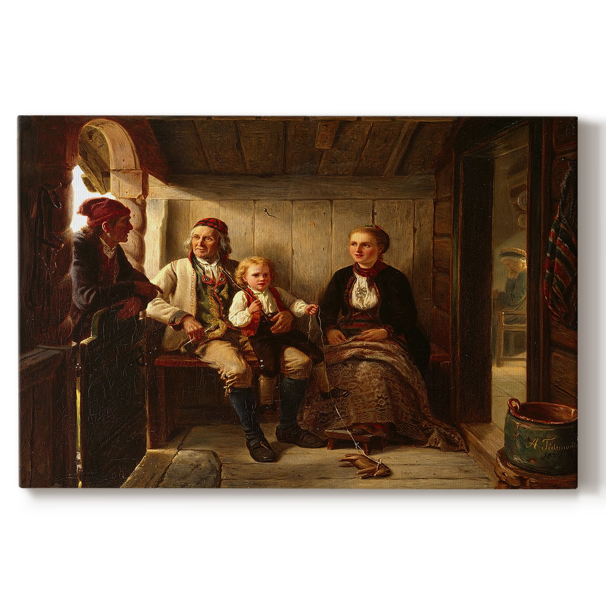 Canvas art print portraying a group of rural villagers gathered inside a dimly lit wooden interior in conversation, set against a white background
