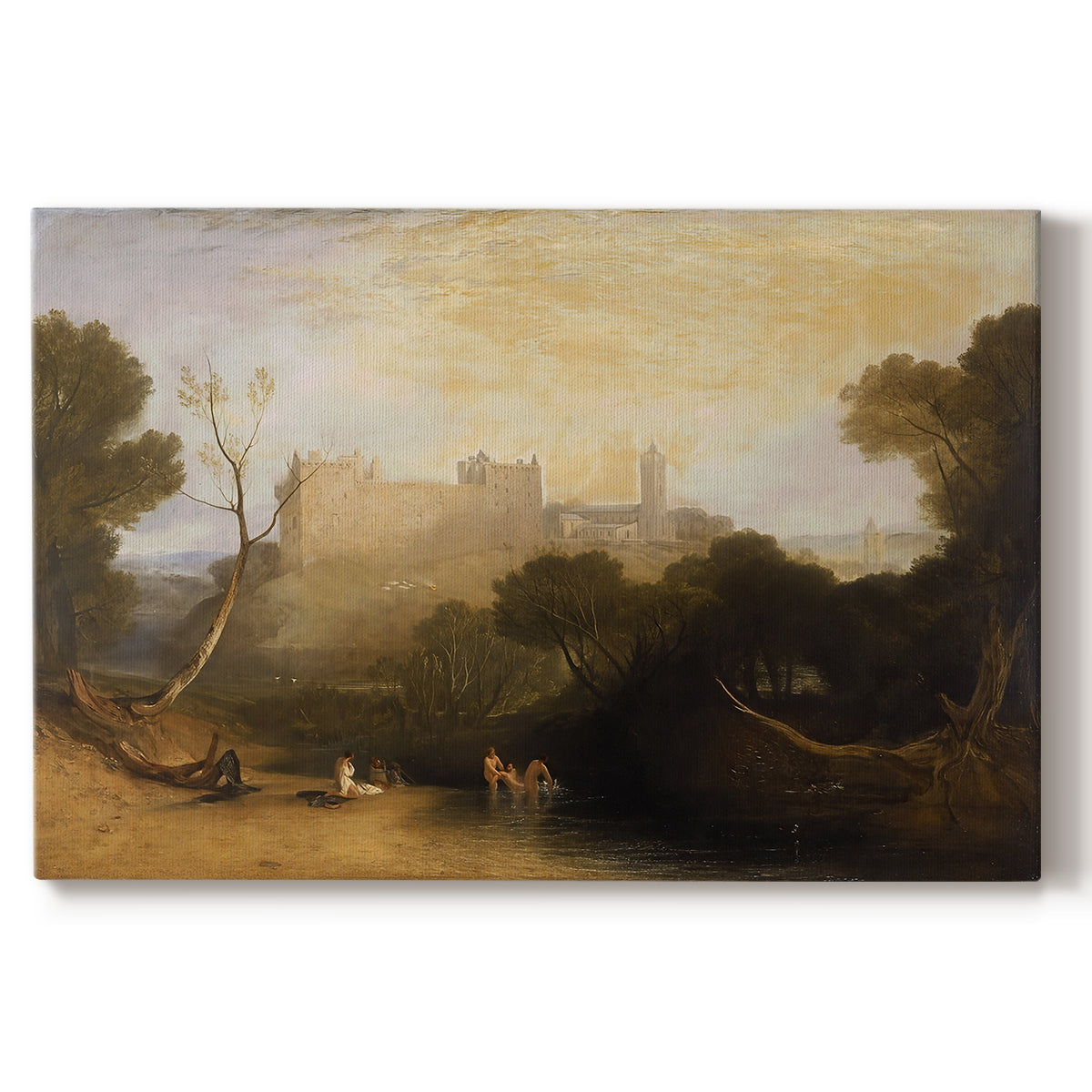 Canvas art print portraying a historic palace set within landscape with water and surrounding terrain, set against a white background