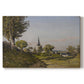 Canvas art print portraying a rural village with church surrounded by trees and open land, set against a white background
