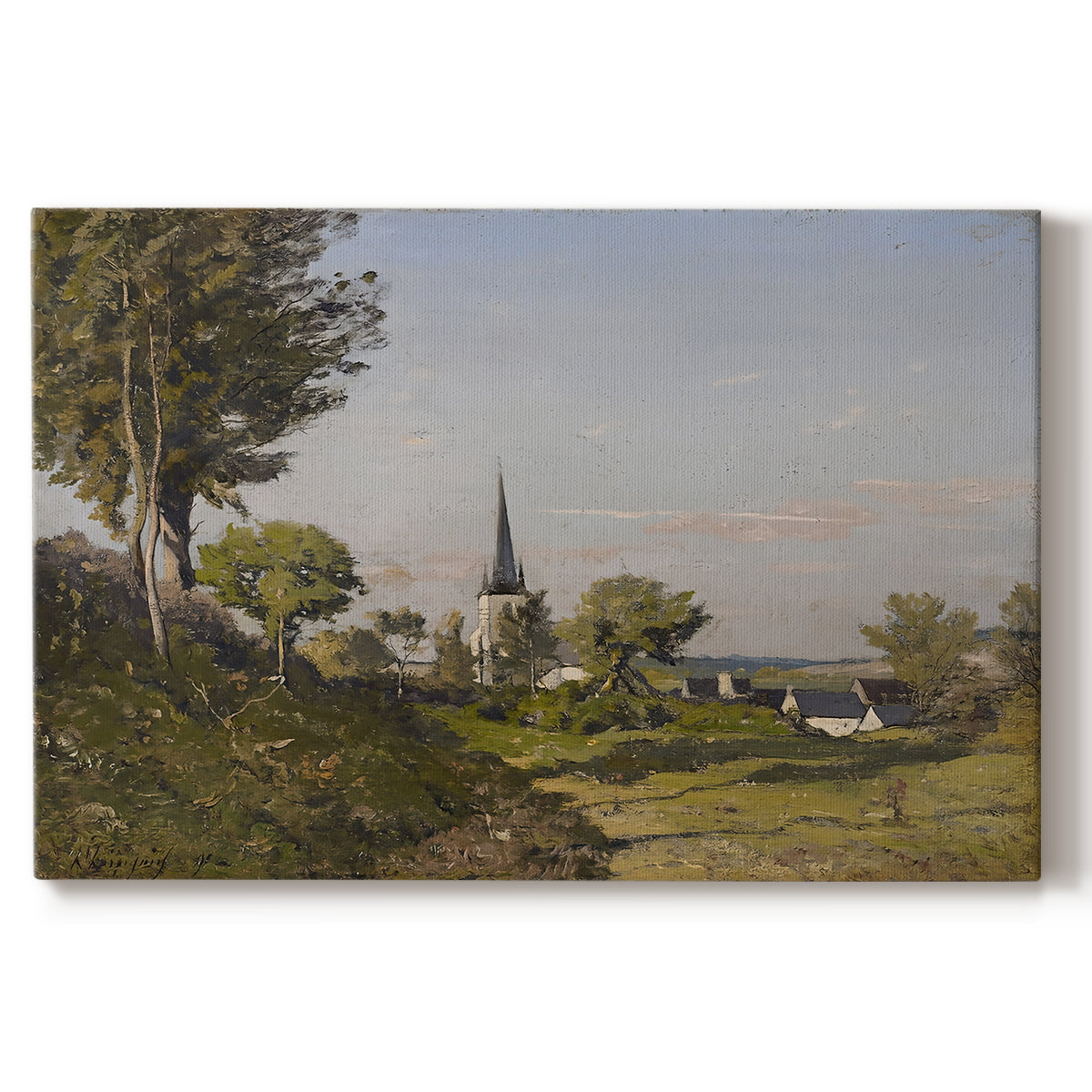 Canvas art print portraying a rural village with church surrounded by trees and open land, set against a white background