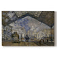 Canvas art print portraying a train station interior filled with steam and locomotives under iron structure, set against a white background