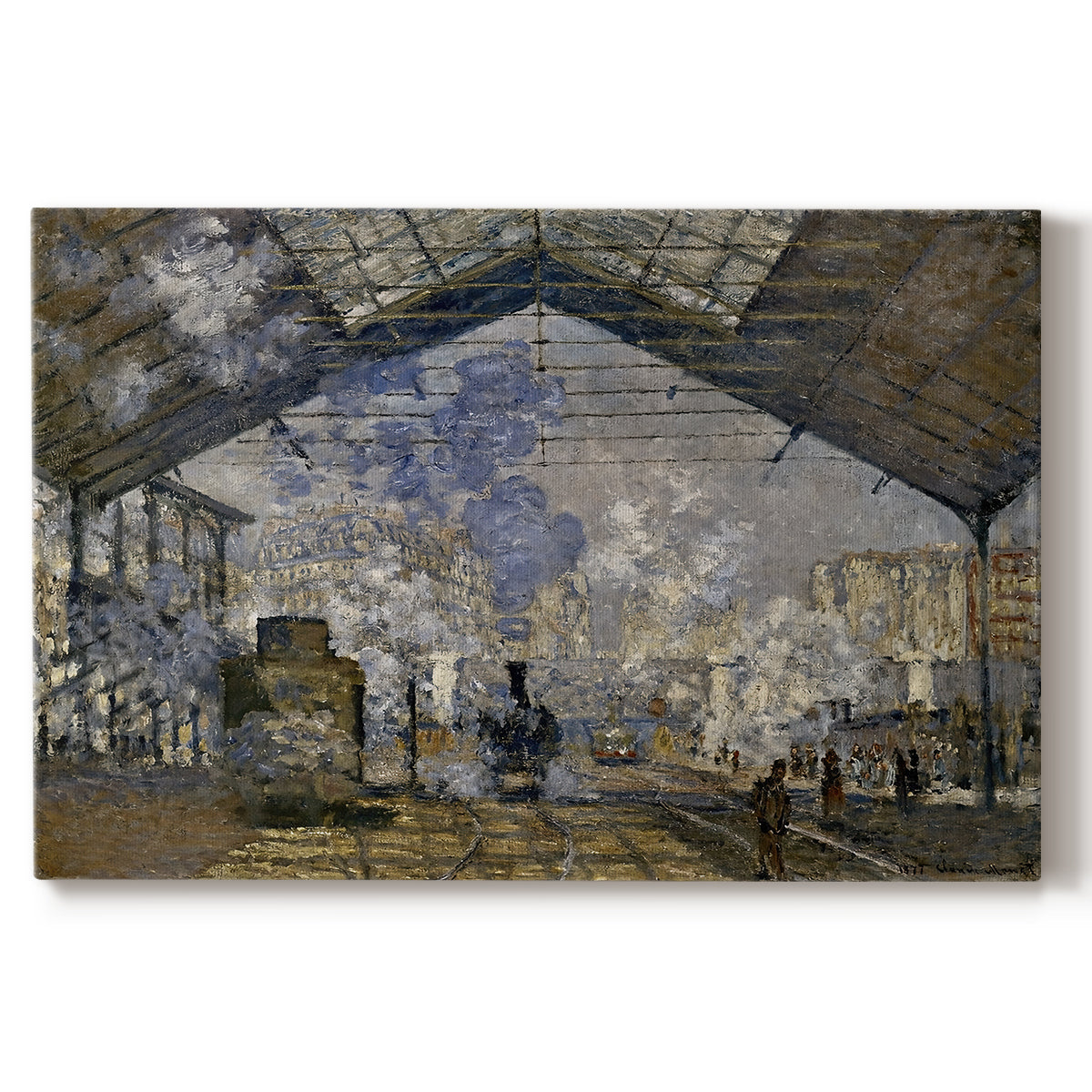 Canvas art print portraying a train station interior filled with steam and locomotives under iron structure, set against a white background
