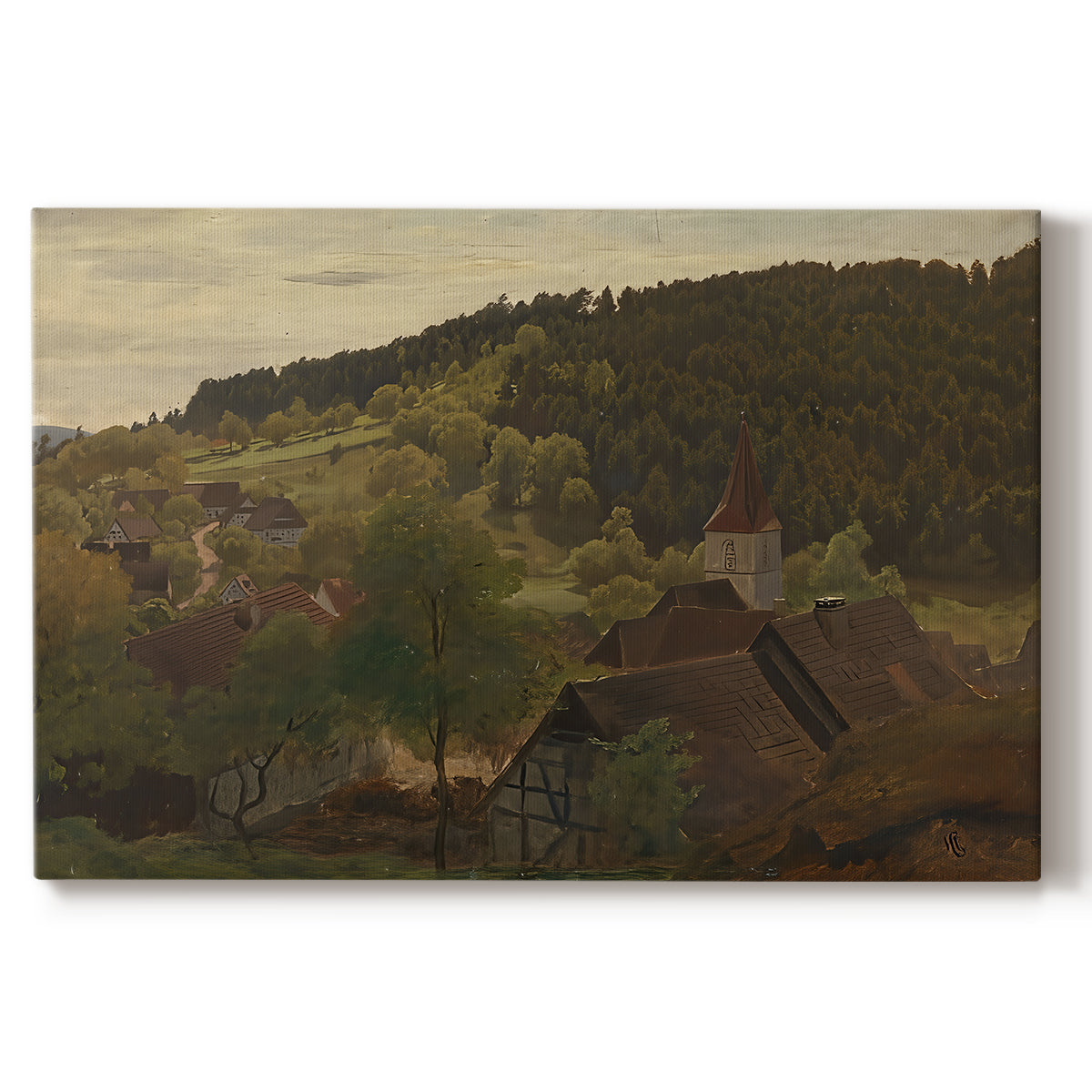 Canvas art print portraying an elevated landscape view overlooking valley and distant hills, set against a white background