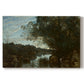Canvas art print portraying a lake landscape surrounded by trees and distant hills under soft sky, set against a white background