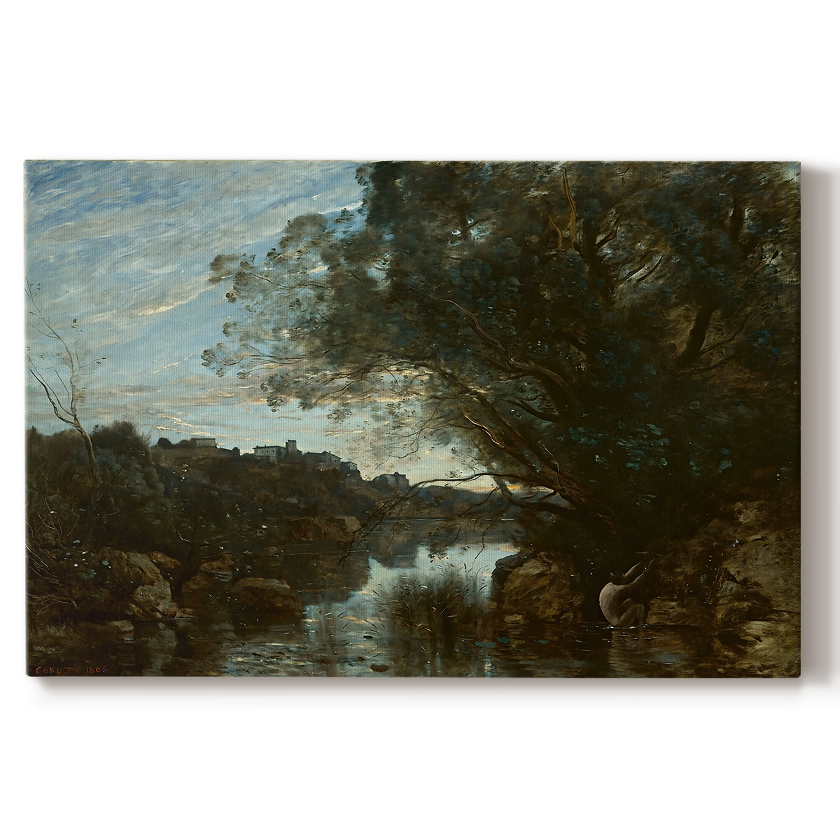 Canvas art print portraying a lake landscape surrounded by trees and distant hills under soft sky, set against a white background