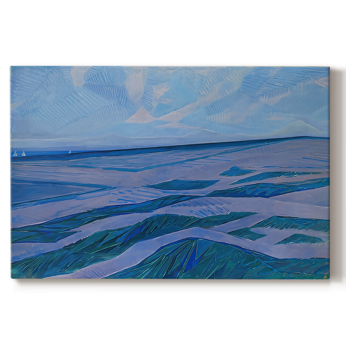 Canvas art print portraying coastal dunes and water in horizontal color bands, set against a white background