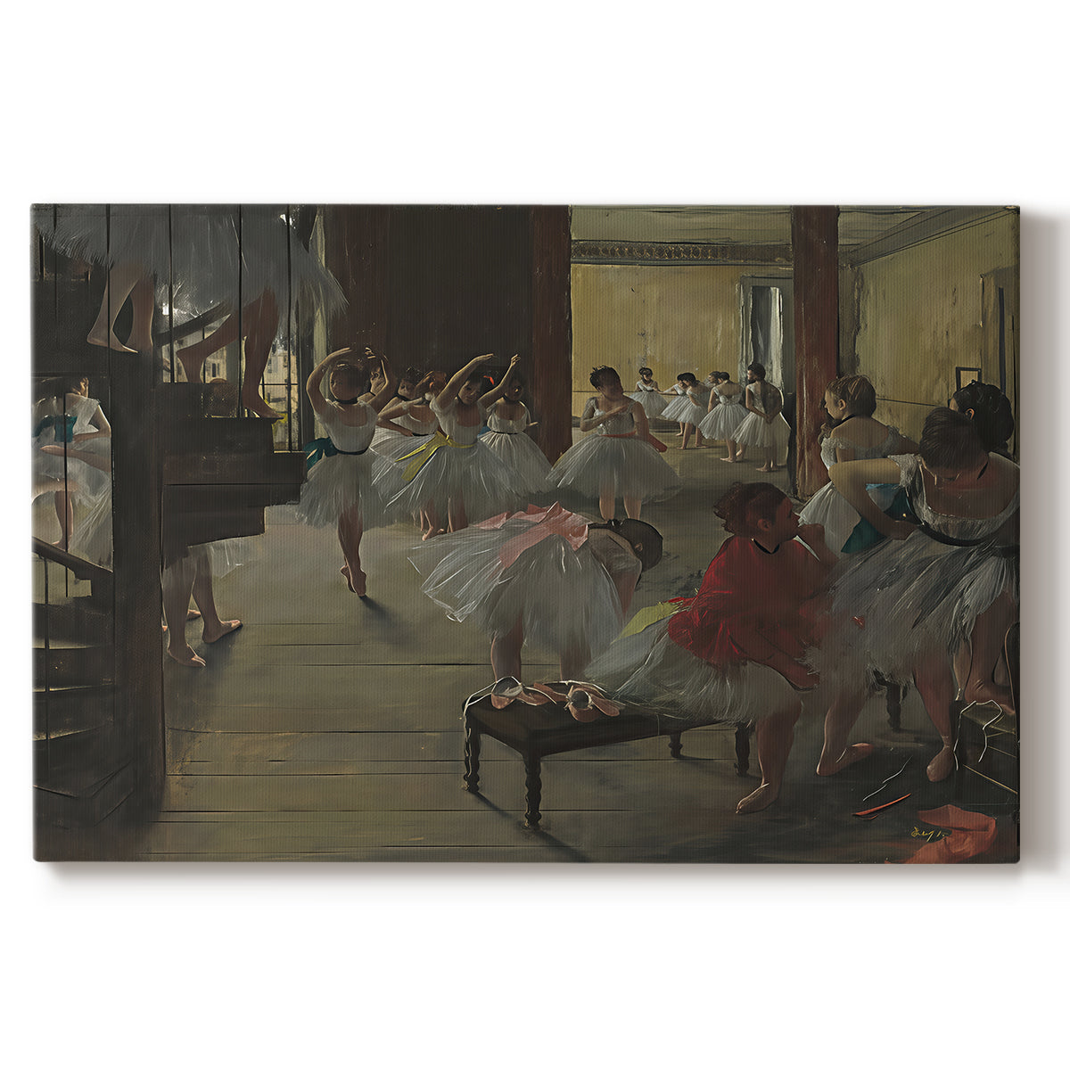 Canvas art print portraying ballerinas practicing in studio with instructor observing nearby, set against a white background