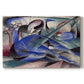 Canvas art print portraying a reclining horse depicted in flowing abstract shapes and colors, set against a white background