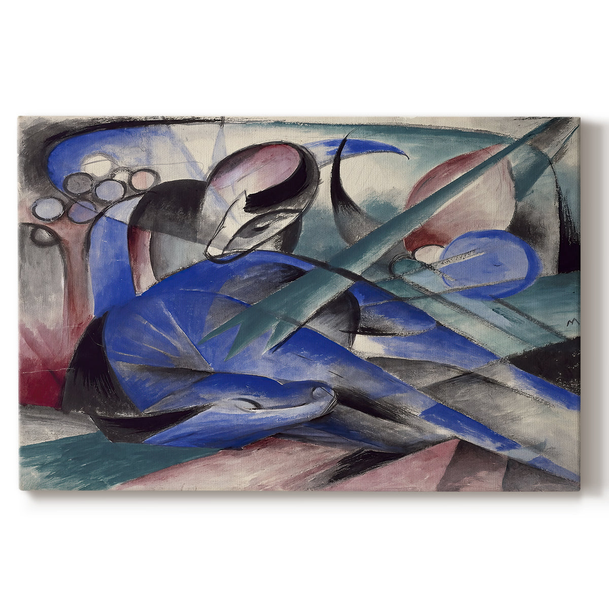 Canvas art print portraying a reclining horse depicted in flowing abstract shapes and colors, set against a white background