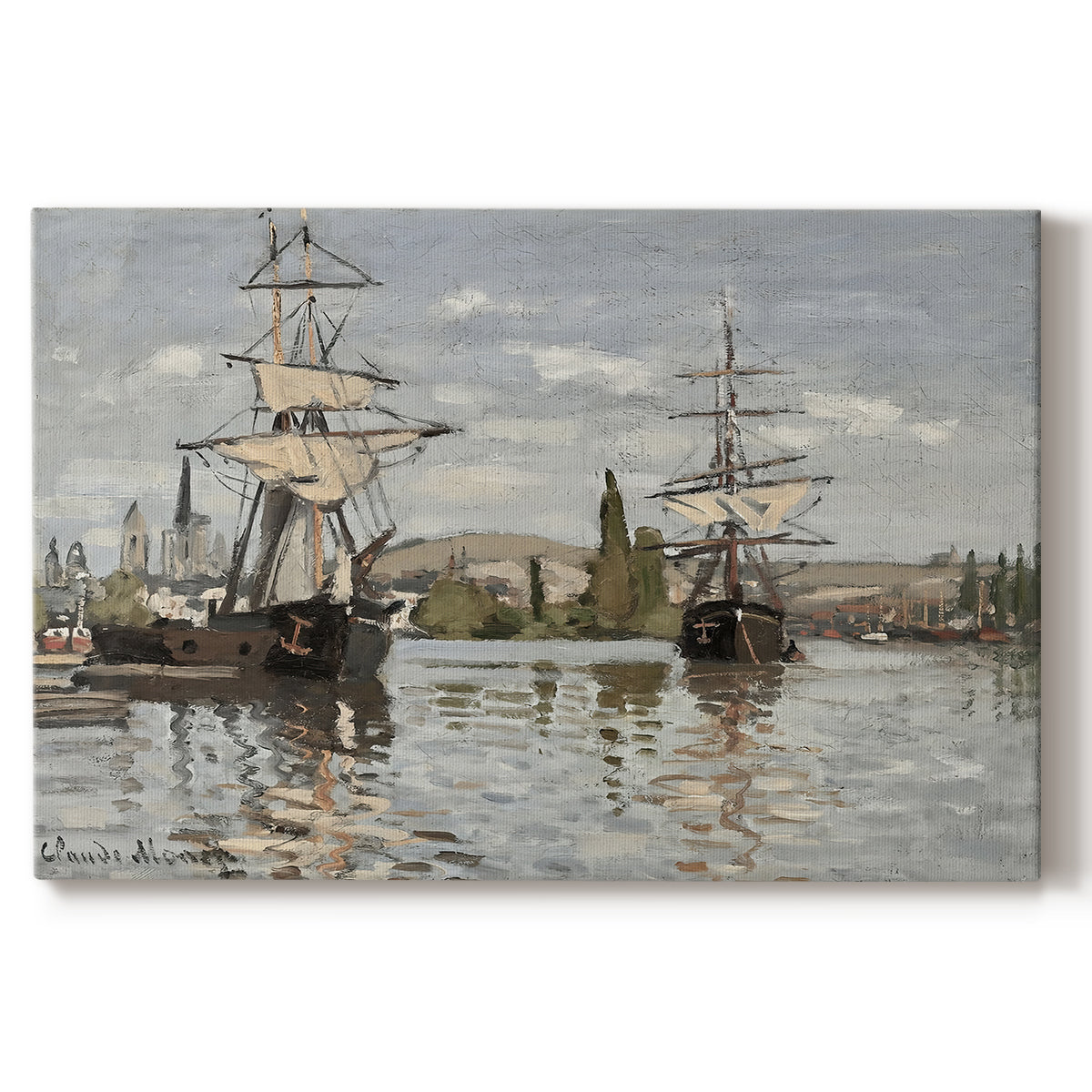 Canvas art print portraying large ships docked along the Seine with masts rising against soft sky, set against a white background