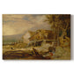 Canvas art print portraying a watermill structure beside flowing stream in rural landscape, set against a white background