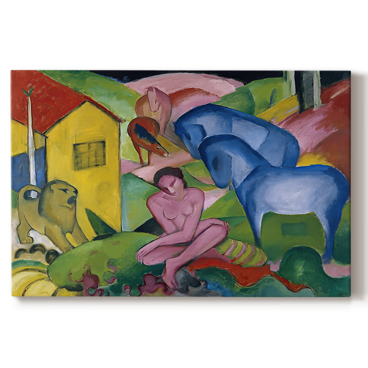 Canvas art print portraying an abstract composition of animals and figures intertwined in vivid dreamlike colors, set against a white background