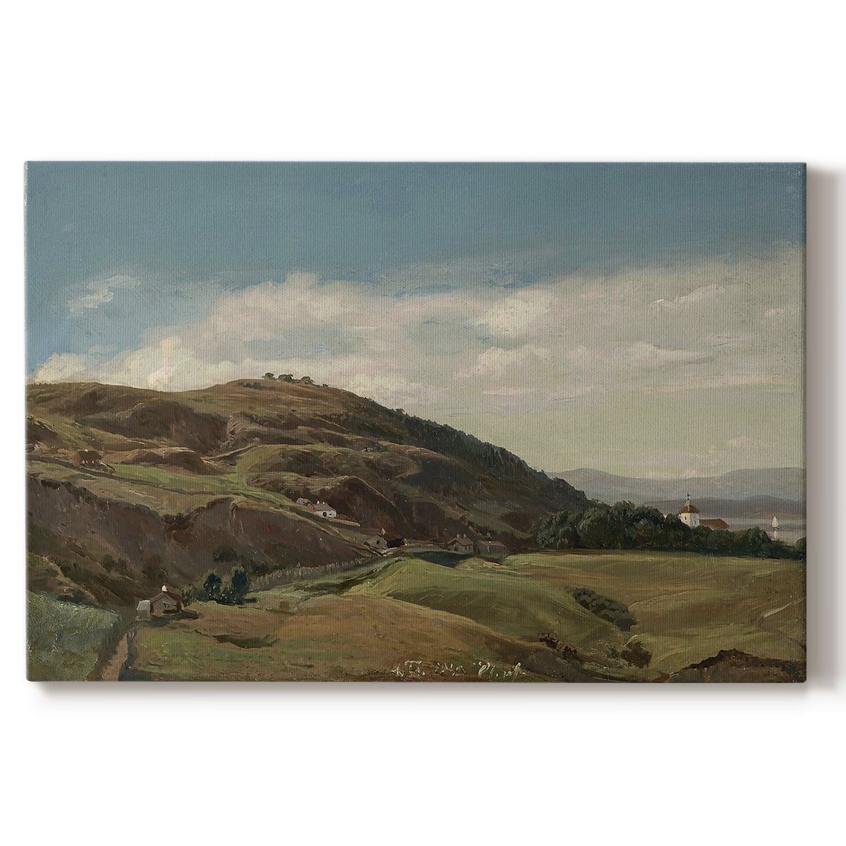 Canvas art print portraying a panoramic view of Oslo landscape with church and rolling hills under open sky, set against a white background