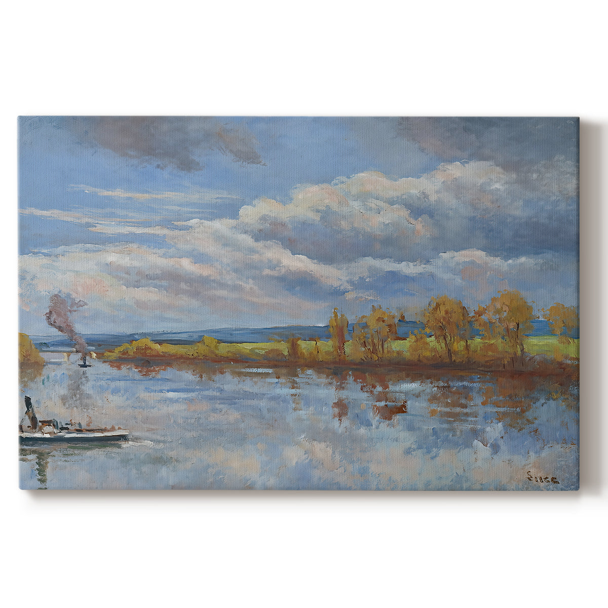Canvas art print portraying a riverside landscape with water trees and distant structures, set against a white background
