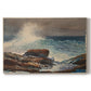 Canvas art print portraying waves rolling toward rocky shoreline with low buildings nearby, set against a white background