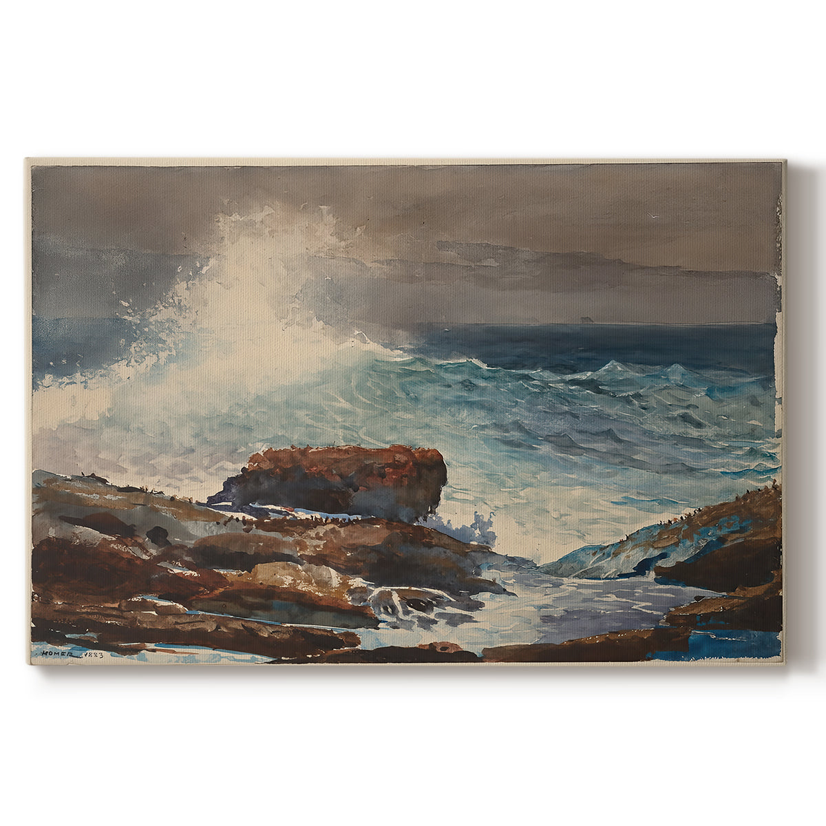 Canvas art print portraying waves rolling toward rocky shoreline with low buildings nearby, set against a white background