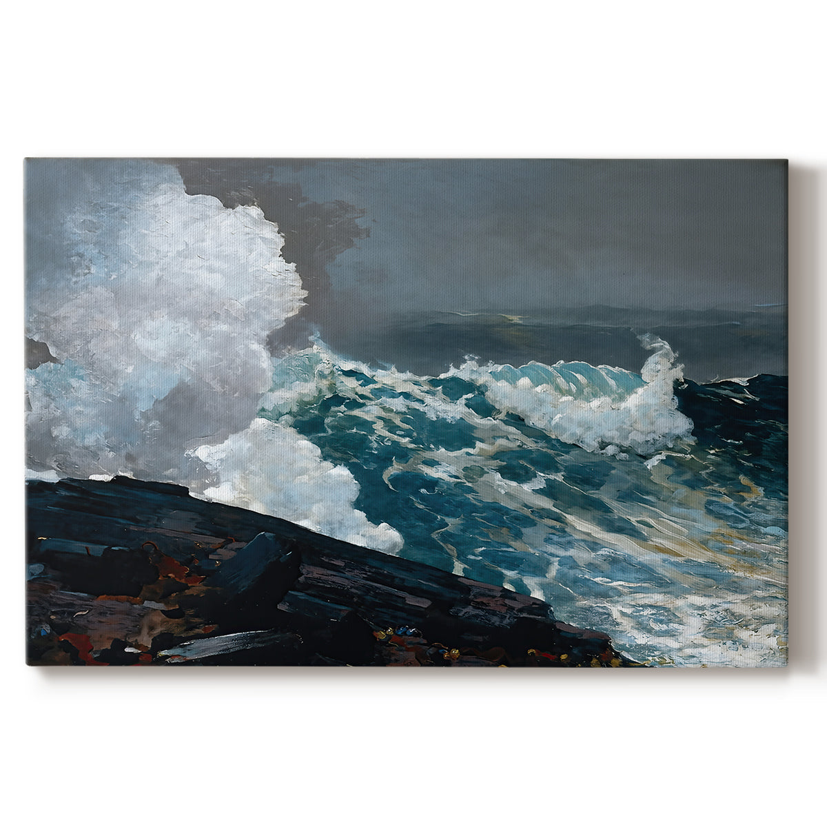 Canvas art print portraying powerful waves crashing against rocky coast under stormy sky, set against a white background