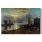Canvas art print portraying a sunrise over harbor with fishermen working among boats, set against a white background