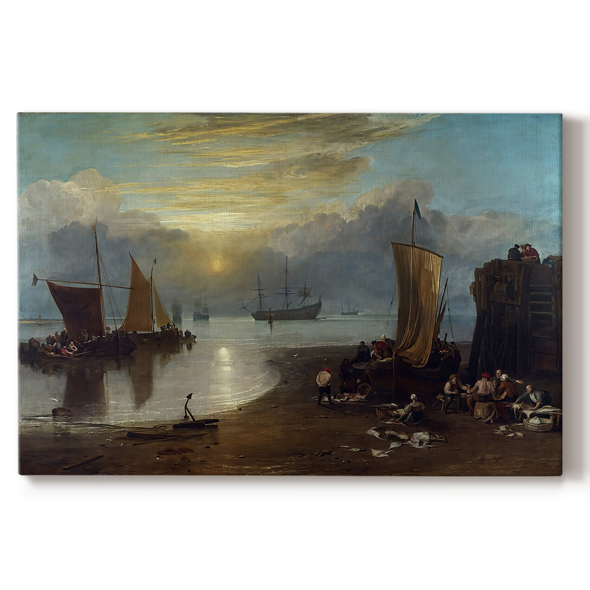 Canvas art print portraying a sunrise over harbor with fishermen working among boats, set against a white background
