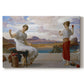 Canvas art print portraying a woman holding thread while another figure helps wind yarn in classical setting, set against a white background