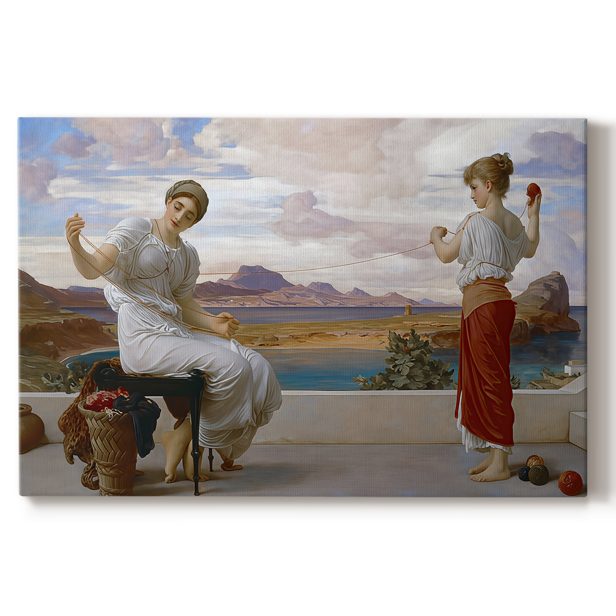 Canvas art print portraying a woman holding thread while another figure helps wind yarn in classical setting, set against a white background