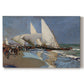 Canvas art print portraying boats and figures gathered along busy beach with sails and water, set against a white background