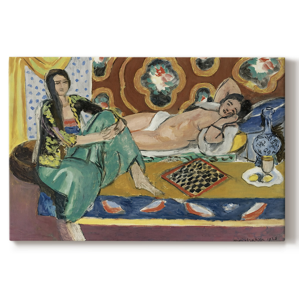 Canvas art print portraying two women seated indoors playing checkers in a colorful room, set against a white background