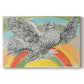 Canvas art print portraying a simplified dove in flight above rainbow arc, set against a white background