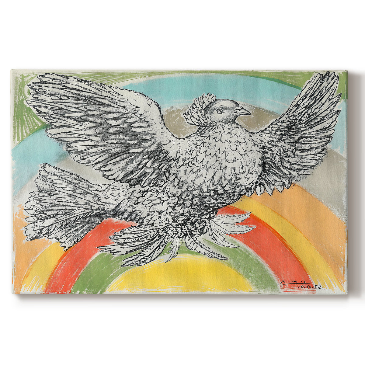 Canvas art print portraying a simplified dove in flight above rainbow arc, set against a white background