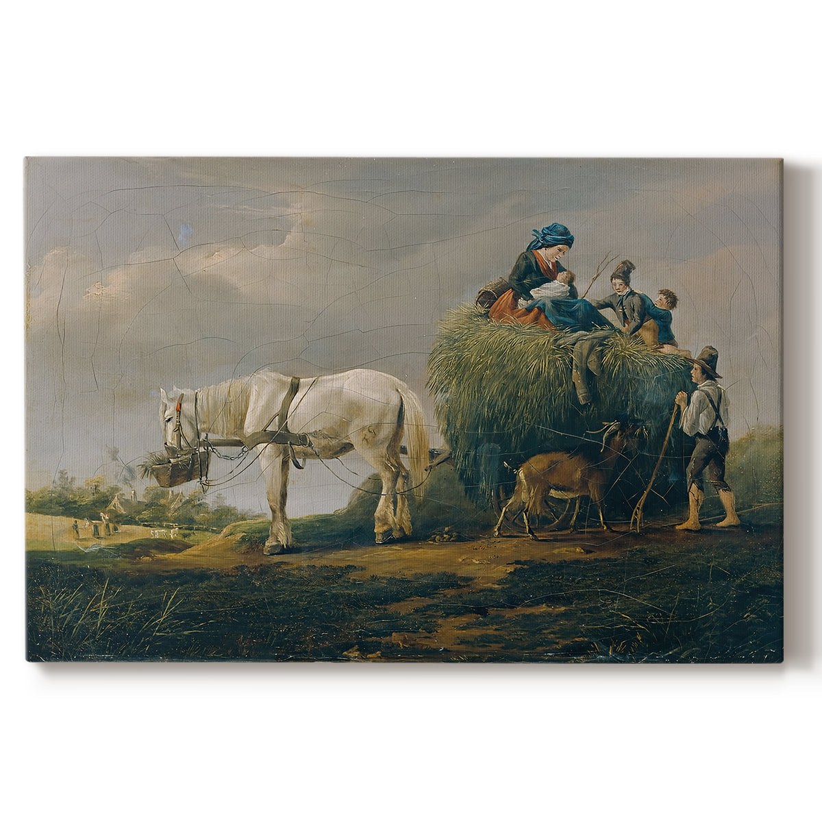 Canvas art print portraying a wagon carrying hay through countryside, set against a white background