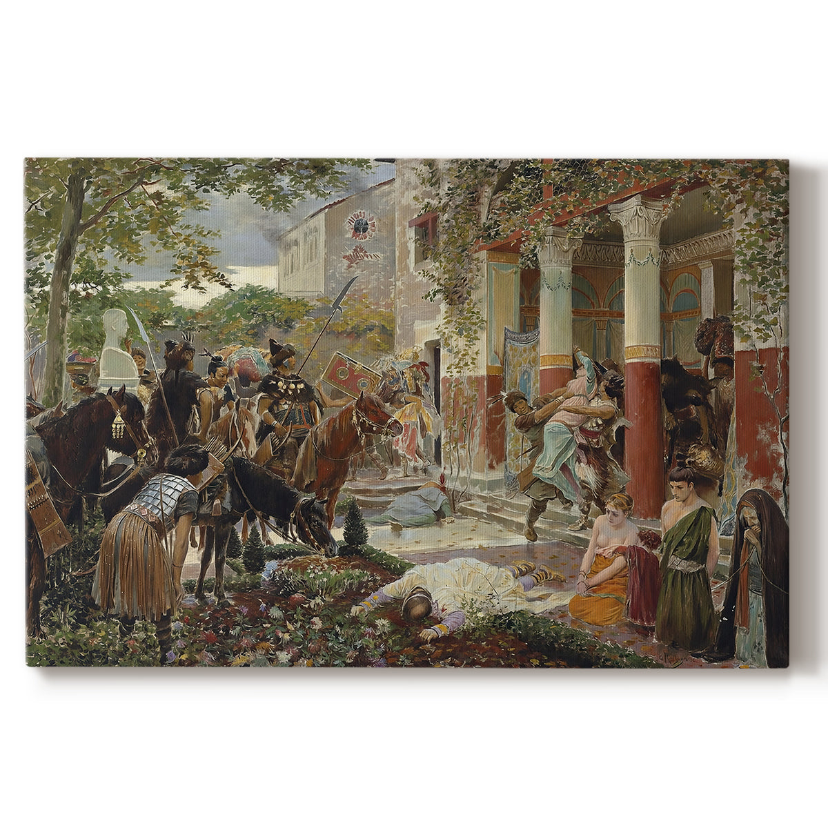 Canvas art print portraying a chaotic battle scene with mounted warriors charging across landscape, set against a white background